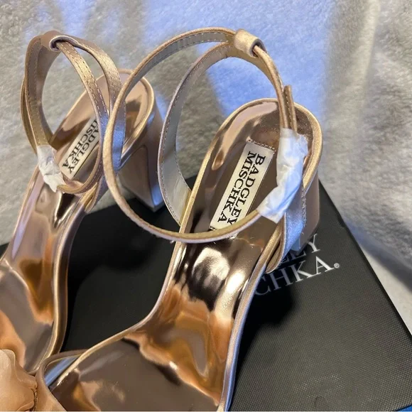 BADGLEY MISCHKA Carli Satin Tulle Rose Ankle-Strap Sandals in Blush Nude Sz 10 - Picture 9 of 15